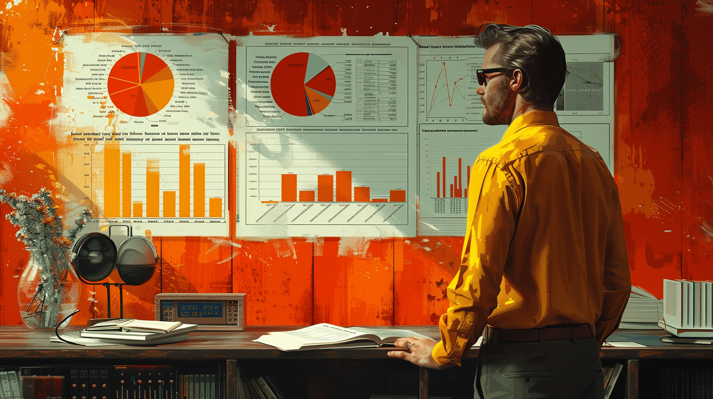 Illustration eines Marketing-Profis, der auf einem Laptop steigende Responsequoten und Diagramme auf einem digitalen Dashboard analysiert, mit aufwärts zeigenden Pfeilen und modernen Flat-Design-Elementen